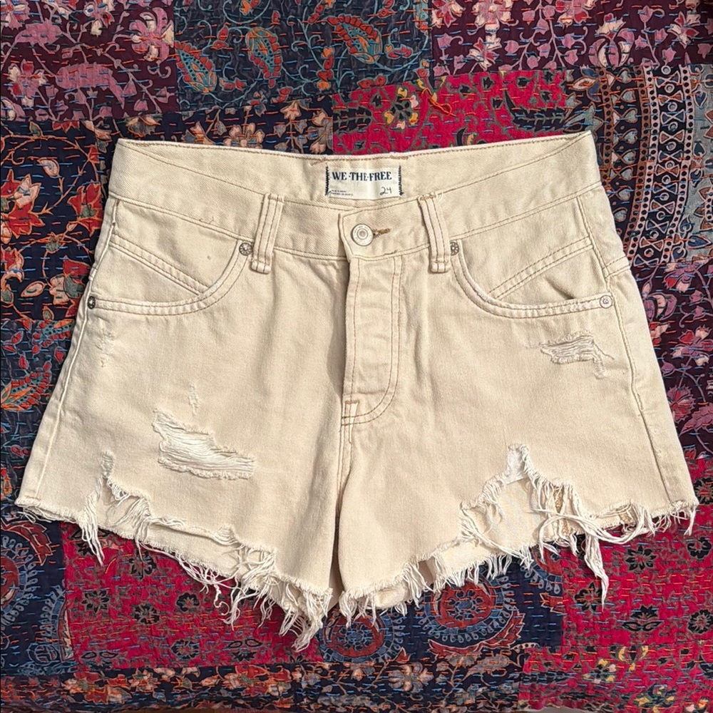 Free People We The Free Cream, Beige, Tan Distressed Jean Shorts